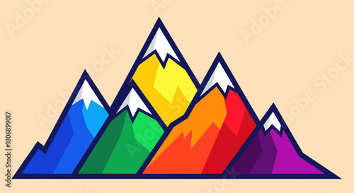 Colorful Mountain Range Illustration with Rainbow Colors and Snowy Peaks.