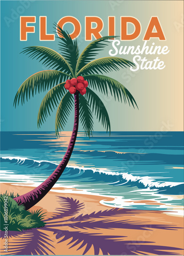 Florida beach poster featuring palm tree, surf, and ocean coast, vector illustration ideal for travel wall art, vintage decor, and home interiors.