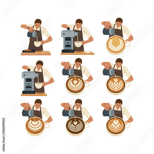Barista making latte art in coffee cups with espresso machine and pastries vector