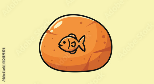 Cartoon Stone with Fish Fossil Illustration on a Yellow Background.