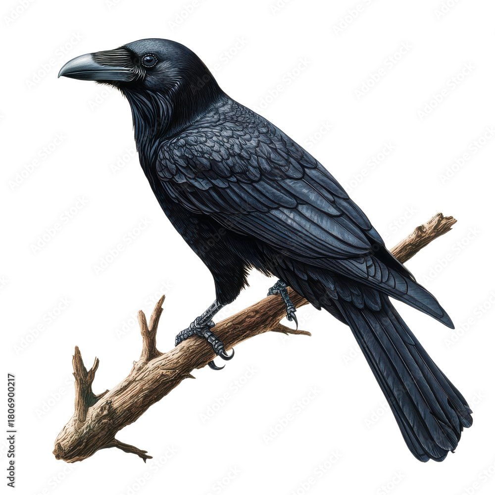 Fototapeta premium Raven perched on a limb on transparent background