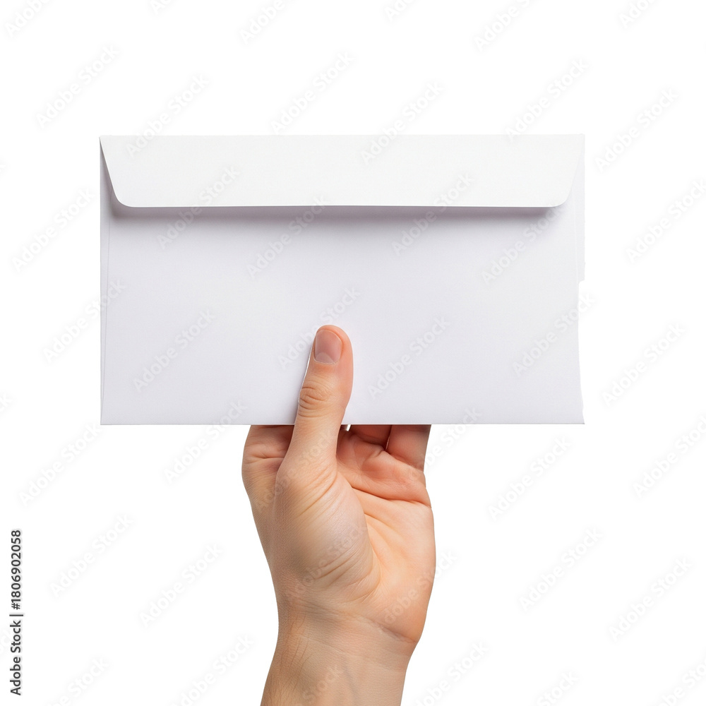 Fototapeta premium Hand holding a white envelope, isolated on a transparent background.
