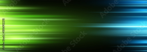 Black modern wide abstract technology background with green and blue glowing high-speed and movement light effect. Vector illustration