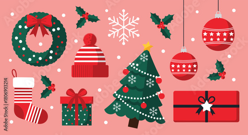 Colorful Christmas Tree, Presents, and Ornaments Flat Design Vector Illustration