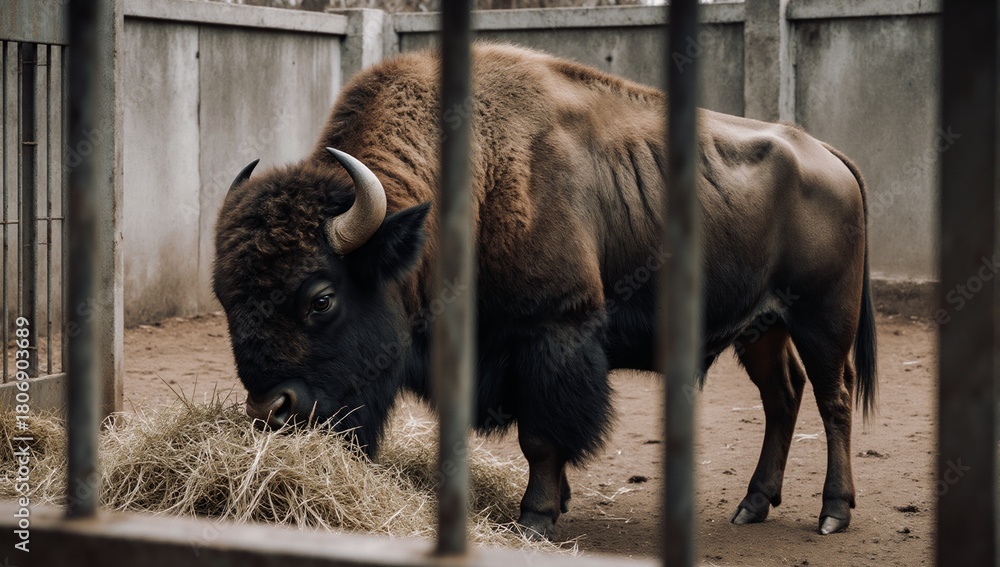 Fototapeta premium European bison feeding on hay in a zoo enclosure confined behind bars