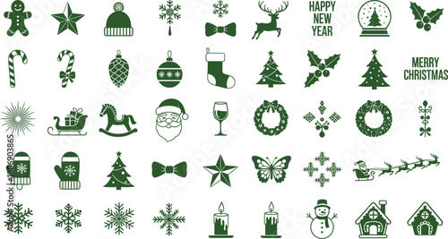 Mega Set of Green Solid Christmas Holiday Icons Vector Illustration