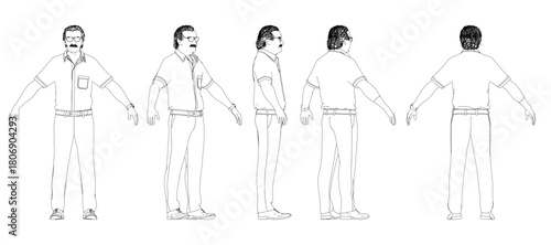 An old man in a shirt and trousers wears glasses while striking determined poses. His focused expression and outstretched arms convey strength and readiness for challenges.