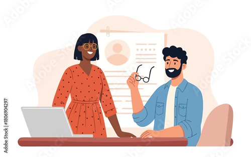 Diverse business colleagues collaborating or conducting a job interview in a modern office setting.