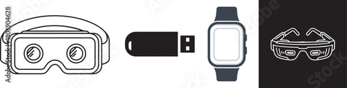 Collection of Gadget Icons: VR Headset, USB Drive, Smartwatch, AR Glasses