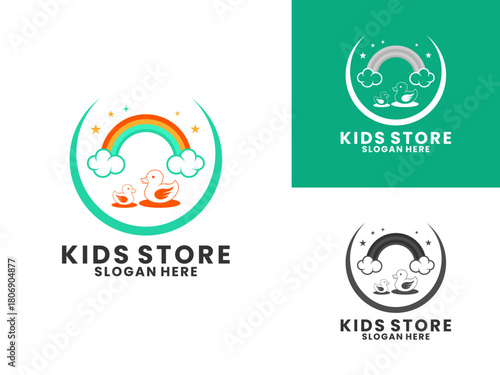 Duck and rainbow toy with circle logo design vector template. Kids store toy logo design vector
