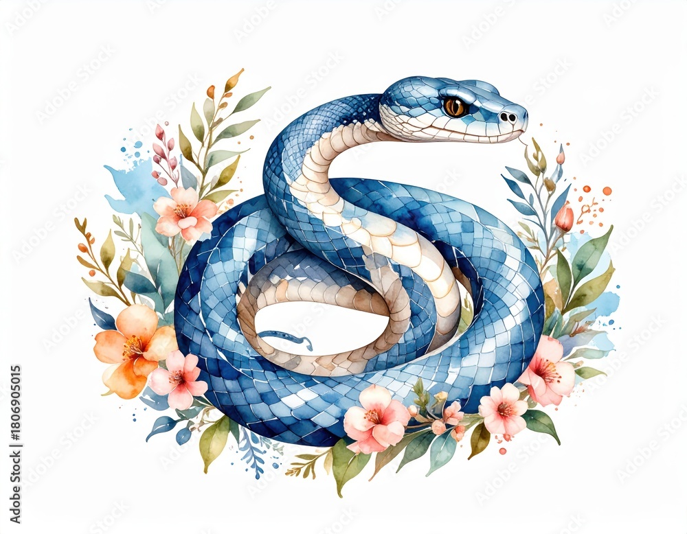 Obraz premium Watercolor illustration of a blue sea snake surrounded by floral elements