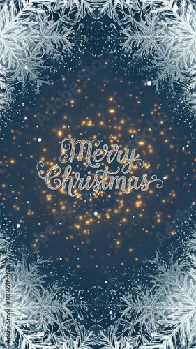 Sparkling merry christmas greeting card with golden magical frost frame for joyful winter holiday celebration
