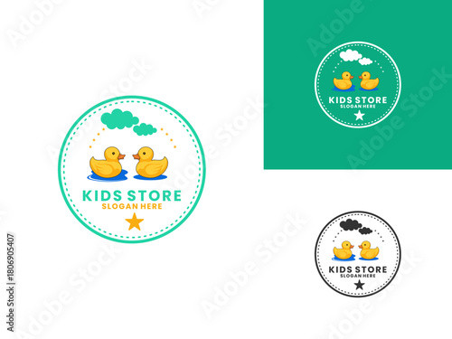 Swimming duck toy with clouds, stars, and circles logo design vector template. Kids store toy logo design vector template