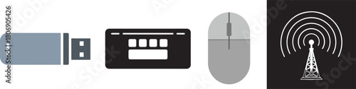 Flat Icons: USB Drive, Keyboard, Mouse, and Signal Tower