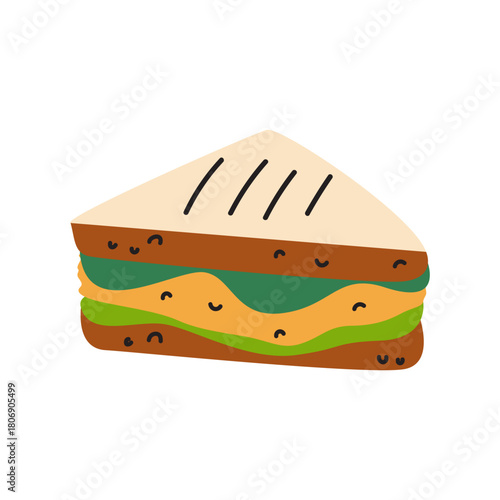 Fast food element in cartoon doodle style. Hand drawn sandwich icon with rye bun, salad, cheese. Street food stickers. Flat vector illustration isolated on white background