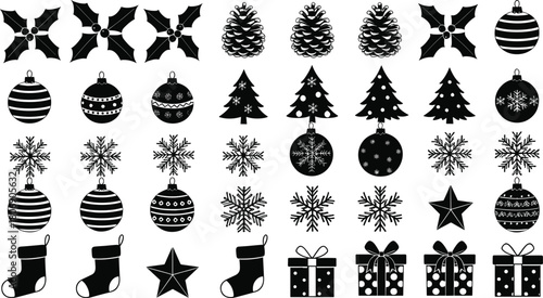 Mega Set of Black Christmas Tree, Ornament, and Decoration Silhouette Icons Vector Illustration