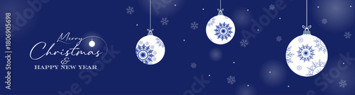Blue Merry Christmas banner design with snowflake, white hanging bauble vector. Winter holidays concept card design to use for merry christmas cards, new year banner advertising, holiday greetings. 