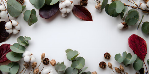 Autumn floral arrangement with eucalyptus and cotton on white background