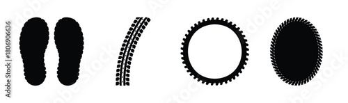 Footprint, tire track, and gear element vector icon collection