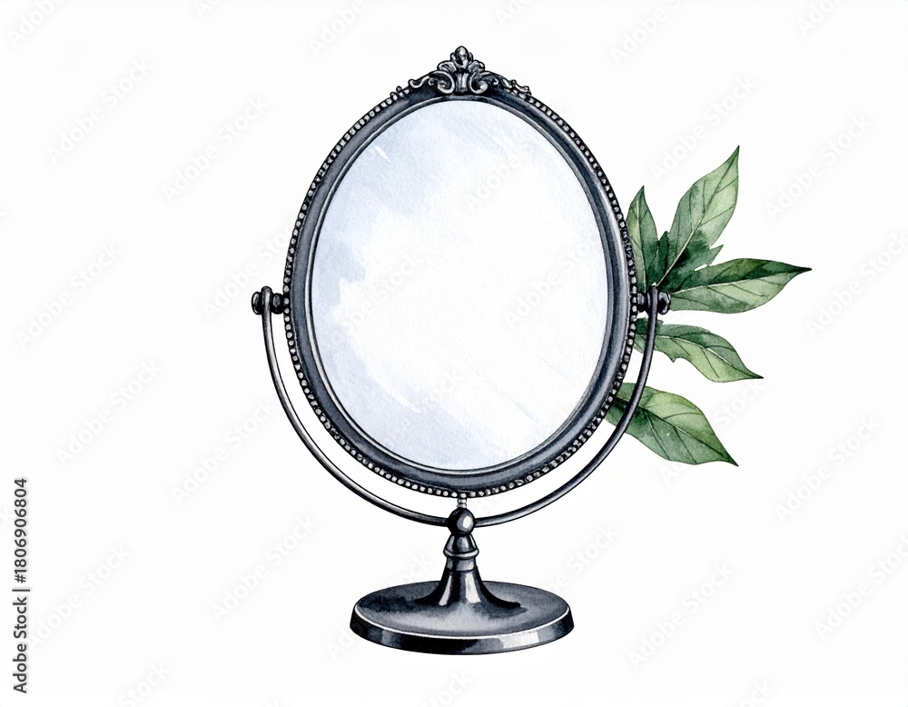 Fototapeta premium Antique-style mirror adorned with gentle foliage, watercolor illustration on clean white canvas