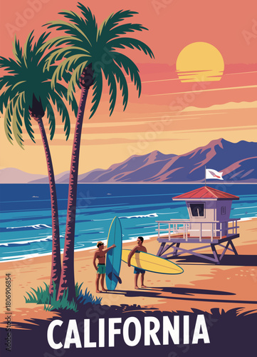 Beach california lifeguard tower retro poster, featuring coastal scenery, surf, and palm trees, vector illustration suitable for home decor, wall art, and interior design prints.