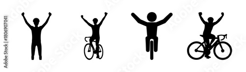 Triumphant silhouettes of people and cyclists celebrating.