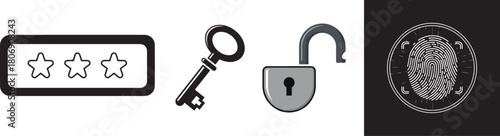Security Icons: Stars, Key, Open Lock, Fingerprint