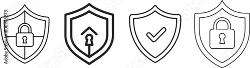 Shield Icons with Security and Approval Symbols on White Background