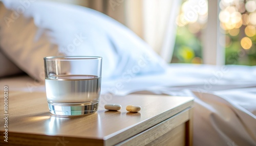 Realistic Close-Up of Two Pills on Nightstand with Water – Health & Wellness Photo