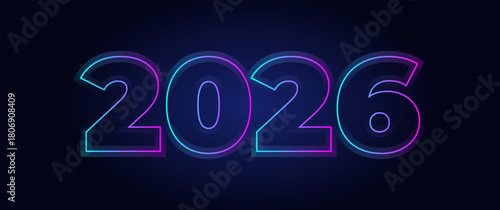 2026 banner design with blue and pink neon effects, perfect for New Year's events