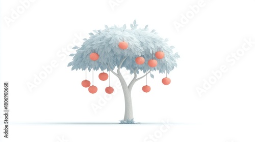 a White Tree with Orange Fruits on White Background