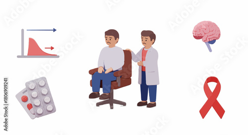 3D depression treatment icon set, sad patient character