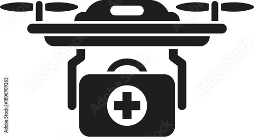 Quadcopter drone carrying first aid kit, delivering medical supplies in emergency situations