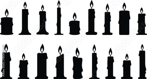 Candle silhouette illustration set, melted wax shapes, flame icon series, gothic decor graphic, ritual symbol, moody design elements