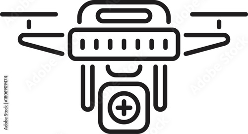 Line art vector icon of a drone transporting medical supplies, representing fast and efficient delivery of emergency medicine