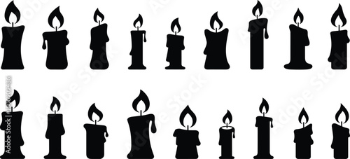 Candle silhouette illustration set, wax drip shapes, flame icon variations, gothic decor graphic, ritual symbol, moody design elements