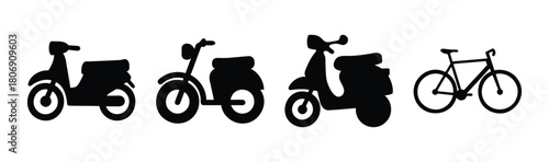 Motor scooter and bicycle icon set. two-wheeled transport silhouettes.