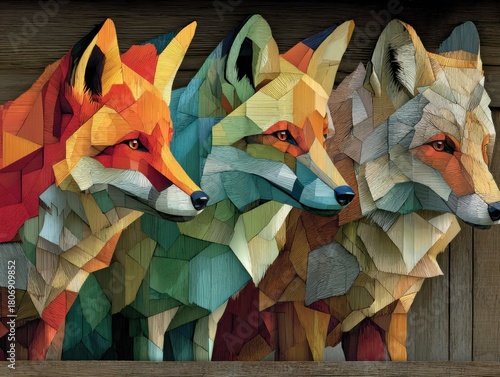 Geometric Fox Trio: A captivating trio of foxes, rendered in a striking geometric style. The vibrant array of colors and the unique artistic approach create an eye-catching piece of art.
