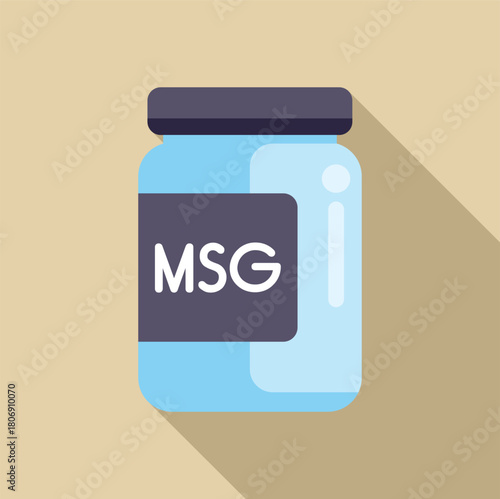 Glass jar with msg, monosodium glutamate, a flavor enhancer, against a beige background