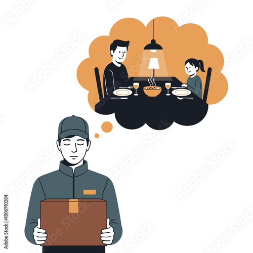 delivery man dreaming about a romantic dinner for food ordering apps, restaurant marketing, courier service promotion, or valentine's day advertisement