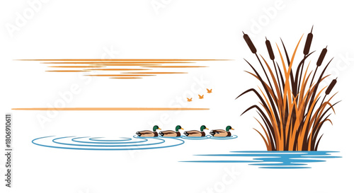 Tranquil scene of ducks swimming amongst cattails and rippling water