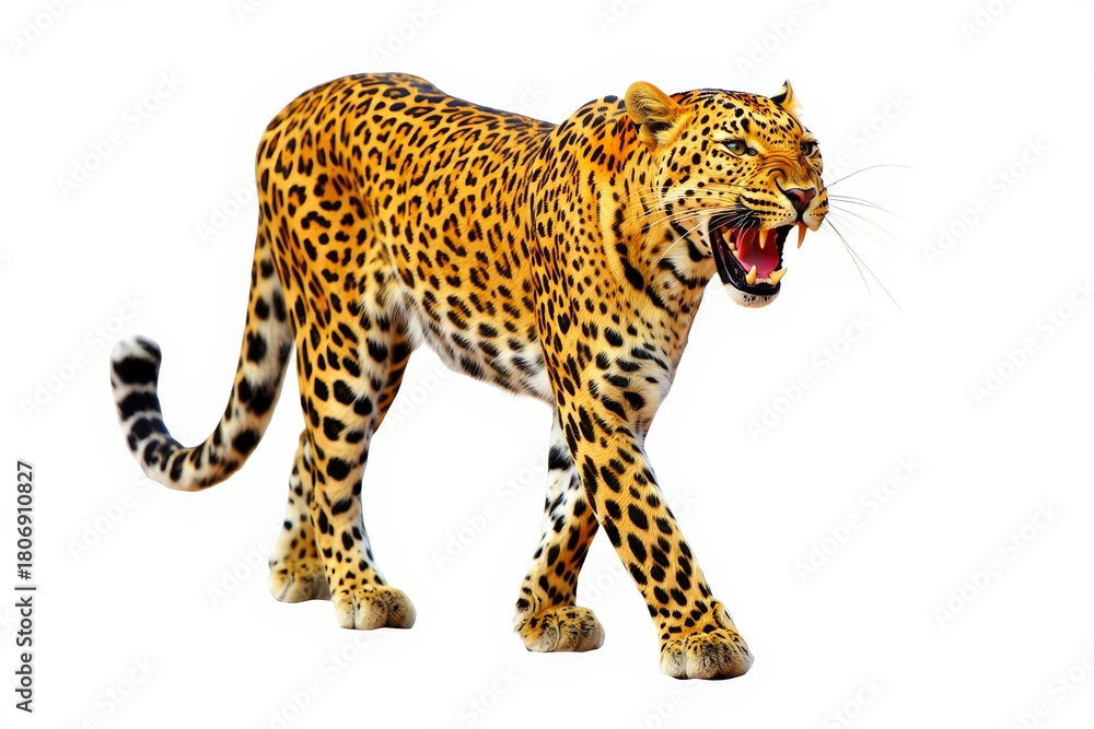 Obraz premium Roaring Leopard on White Background - Wildlife Portrait