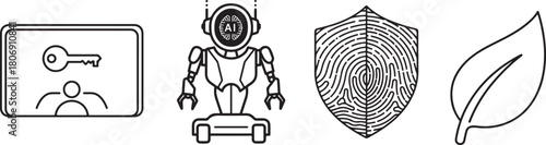 Line Art Icons: Security, AI Robot, Fingerprint Shield, and Leaf
