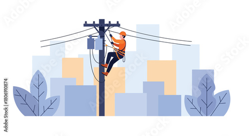 Lineman working on a utility pole with city buildings in the background
