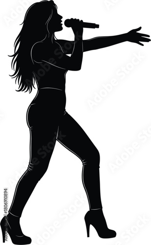 Dynamic Female Singer Silhouette Vector in Heels Holding a Microphone, Representing Live Music Performance, Concert, Entertainment, Pop Star, and Vocalist Concepts
