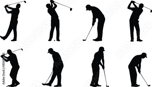 Golf swing silhouette illustration set, sequential movement poses, sports action icons, athletic posture graphic, golfing technique shape series