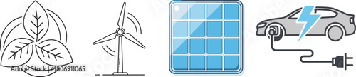 Line Art Icons of Renewable Energy Sources and Electric Vehicle