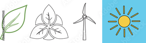 Flat Icons: Leaf, Wind Turbine, and Sun on White and Blue Background