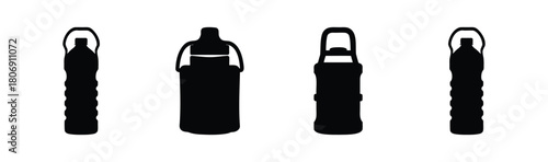 Four black silhouettes of water bottles and portable jugs