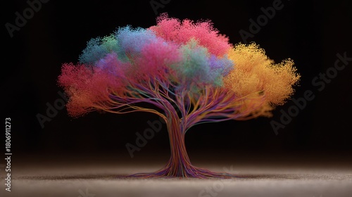  Rainbow Tree with Colorful Smoke Leaves on Black Background
